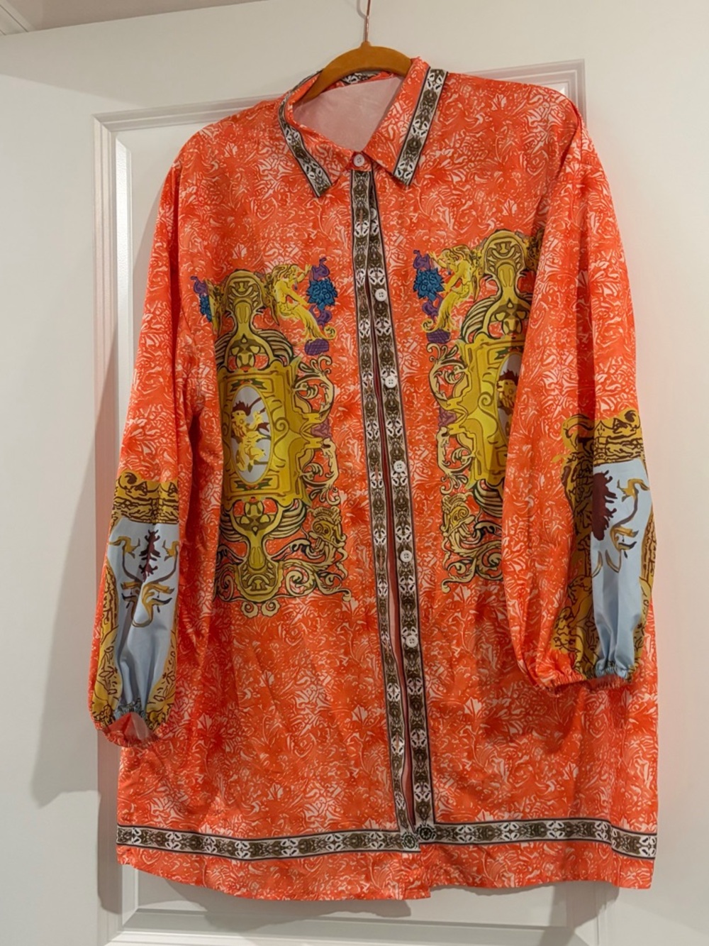 Vibrant Orange Printed Button-Up ArtisanTunic